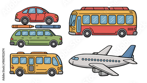 Transportation Collection: An engaging visual showcasing diverse modes of transport, including an airplane, a bus, an estate car, a saloon car and school bus perfect for various project needs.