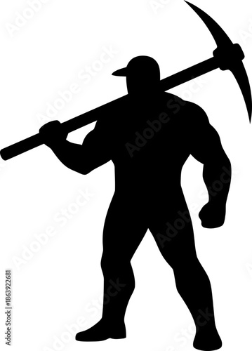 Full body silhouette of a man holding a pickaxe on his shoulder wearing a baseball cap. Strong working male miner. Vector illustration
