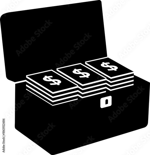 Open money box with dollar bills inside, representing treasure, wealth, and financial savings. Vector illustration for icon and symbol design