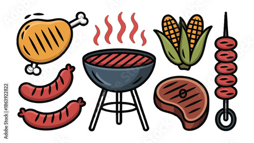 Barbecue Feast Illustration: A vibrant illustration showcasing an array of barbecue essentials, including juicy steak, grilled chicken, savory sausages, roasted corn, sizzling grill.