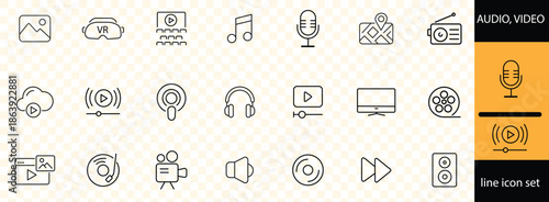 Audio Video set of web icons in line style. Music and Video icons for web and mobile app. Podcast, video media player, radio, song. Vector illustration
