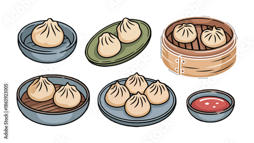 Asian Dumplings on Display: An array of artfully arranged dumplings, each poised on a unique dish, embodies a culinary journey, the scene illuminated by a soft, natural light, inviting and delicious.