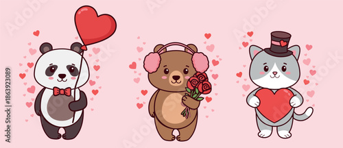 A vector illustration in a cute cartoon style, dedicated to the theme of love or Valentine's Day. Depicted are: a panda, a bear cub and a kitten.
Vector animals for Valentine's Day