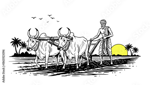 Traditional farmer plowing field with oxen at sunset