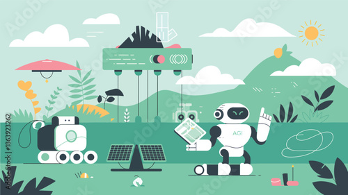 Robot and solar panels in a stylized landscape artificial intelligence