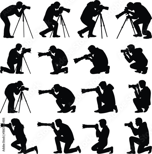 Photographer silhouettes capturing images with cameras tripods kneeling standing poses isolated black vector illustration set for photography design projects icons