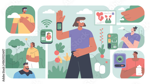 People interacting with technology and nature in a flat design