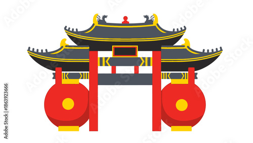 Chinese temple entrance gate with lanterns.