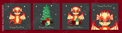 Happy New Year greeting cards with beautiful dragons, Christmas tree and gifts. Dragons on holiday cards for children. Vector, cartoon
