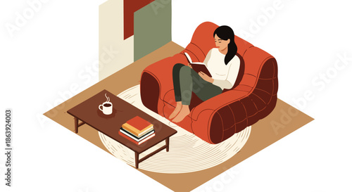 A woman relaxes comfortably in a plush armchair, engrossed in a book with a warm beverage nearby.