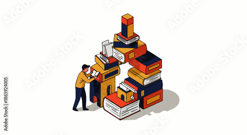 A person carefully arranges a stack of books, symbolizing knowledge, education, and the pursuit of learning.
