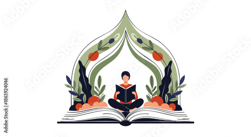 A young person sits cross-legged reading an open book within a decorative archway surrounded by plants and abstract shapes.