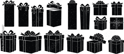 Collection of holiday gift box silhouettes with various bows, isolated on white.