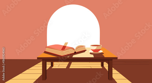 Cozy scene with an open book and a cup of tea on a wooden table bathed in warm sunlight from an arched window.