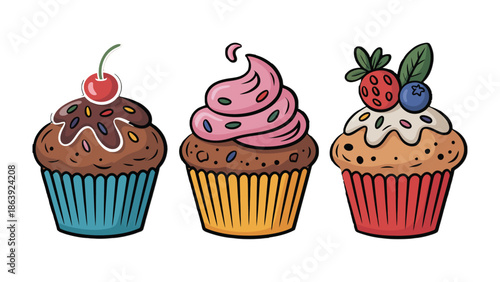 Tempting Trio: Delectable cupcakes adorned with an array of sweet toppings stand ready to delight. A symphony of flavors and textures, each bite promises a moment of pure bliss.