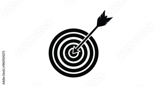 Simple black and white icon illustrating an arrow striking the precise center bullseye of a target graphic