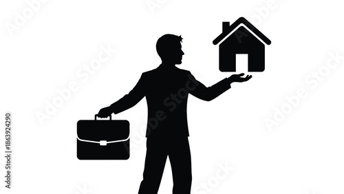 Silhouette of businessman weighing career success against the dream of home ownership on white background