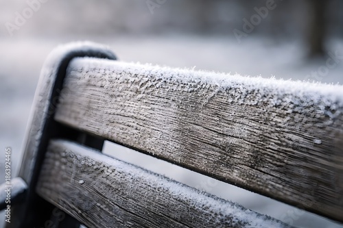 Frost-Covered Wooden Park Bench Backrest, Winter Close-Up Detail