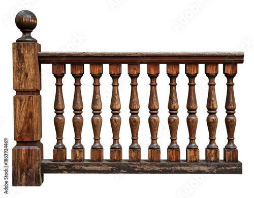 Intricate, dark wooden balustrade, featuring decorative turned spindles and a rounded post