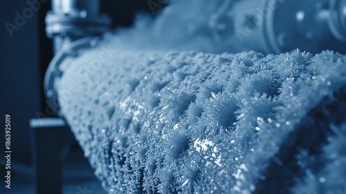 Close Up of Industrial Metal Cylinder Surface Covered in Crystalline Frost Growth Under Cool Blue Lighting Creating Abstract Texture Macro Detail