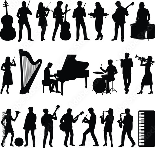 Silhouette musicians, playing instcert stage, artistic illustration