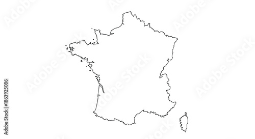 Detailed black and white map outline of France including its various regions and islands against a solid plain white background for geography.