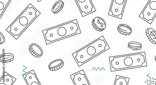 Financial concept illustration showing a seamless pattern of floating dollar banknotes and coins in a simple line art graphic style.