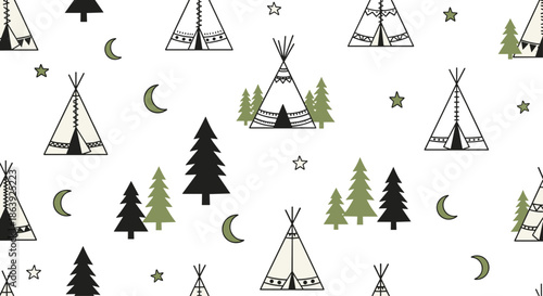 Enchanting woodland pattern featuring teepees, pine trees, stars, and crescent moons for a cozy nursery or outdoor adventure theme.