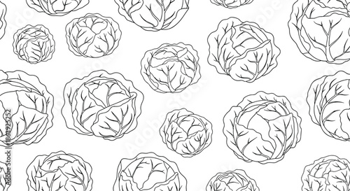 Detailed line art of fresh cabbages creates a seamless pattern for healthy eating concepts or farm to table restaurant menus.