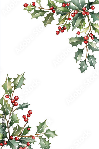 Minimal Christmas holly corner decoration on white background with copy space. Holiday template concept.