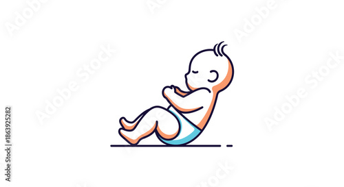 Adorable vector illustration of a peaceful sleeping baby wearing a light blue diaper on a simple white background with clean lines.