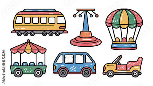 Joyful Ride at the Fair: A colorful collection of carnival ride illustration for fun and entertainment. A cartoon illustration style, perfect for evoking a sense of joy and the carnival atmosphere. 