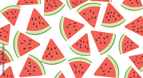 Refreshing summer pattern of juicy watermelon slices with black seeds scattered on a white background for food and drink designs.