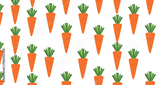 Repeated pattern of vibrant orange carrots with green leafy tops arranged neatly on a clean white background for healthy food themes.