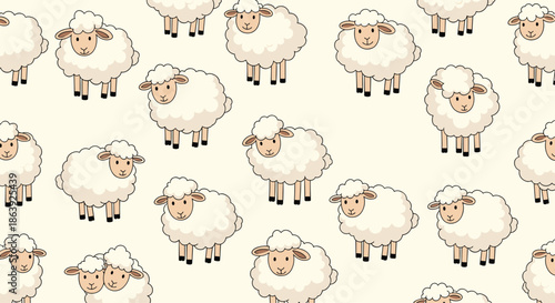 Sweet and fluffy white sheep with cute faces are scattered in a seamless pattern on a warm cream background for a cozy farm feel.
