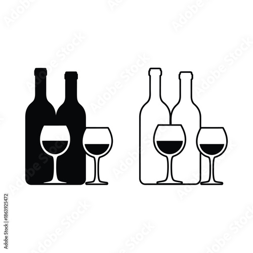 Wine bottles and glasses a black and white illustrative design