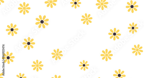 Bright and cheerful yellow daisy flowers with dark centers scattered randomly across a white background for a happy spring pattern.