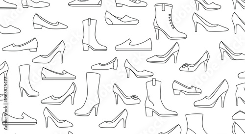 Extensive collection of women shoe silhouettes in a seamless line art pattern featuring everything from boots to stilettos.