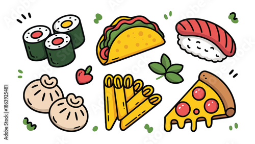 Diverse Culinary Delights: A vibrant array of global food illustrations, from sushi rolls to pizza slices, taco and more.