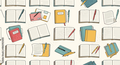 Assortment of open notebooks, journals, and pens in various colors create a busy and productive seamless pattern for stationery.