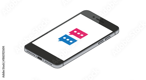 Smartphone icon in isometric view features speech bubbles on a white screen representing modern communication and mobile messaging technology.