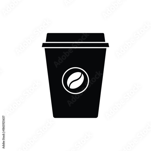 A simple black and white illustration of a coffee cup with a bean