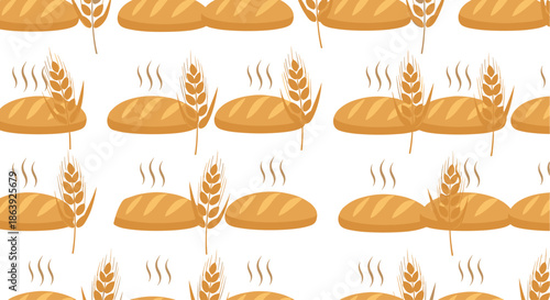 Freshly baked bread loaves and golden wheat stalks form a seamless repetitive pattern perfect for bakery branding and food packaging design.
