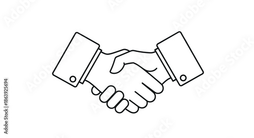 Simple black and white line drawing of two hands shaking conveys a sense of partnership, agreement, and professional business cooperation.