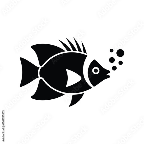 Simple black silhouette of a fish blowing bubbles minimalist aquatic design