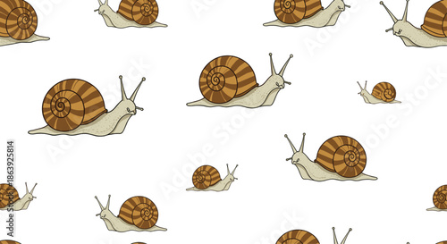 Charming hand drawn snails with brown striped shells crawl across a white surface in this whimsical and nature inspired seamless pattern design.