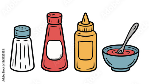Seasoning Essentials: An artful assortment of condiments, including salt, ketchup, mustard, and a bowl of dipping sauce, meticulously arranged.