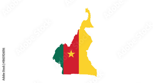 Silhouette map of Cameroon features the vertical stripes of the national flag in green, red, and yellow with a golden star in the center.