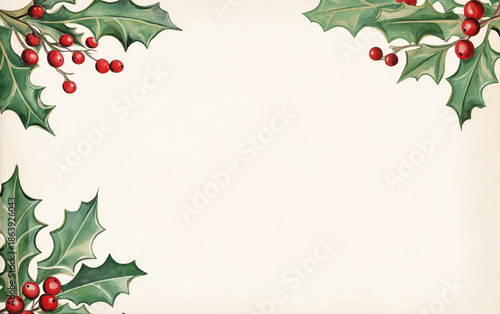 Christmas holly corner border on light background with copy space. Holiday greeting concept.