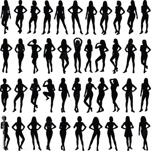 Standing human silhouette, diverse poses, gesture reference chart, black outline figure, posture variation, modeling stance, animation aid, artistic body illustration